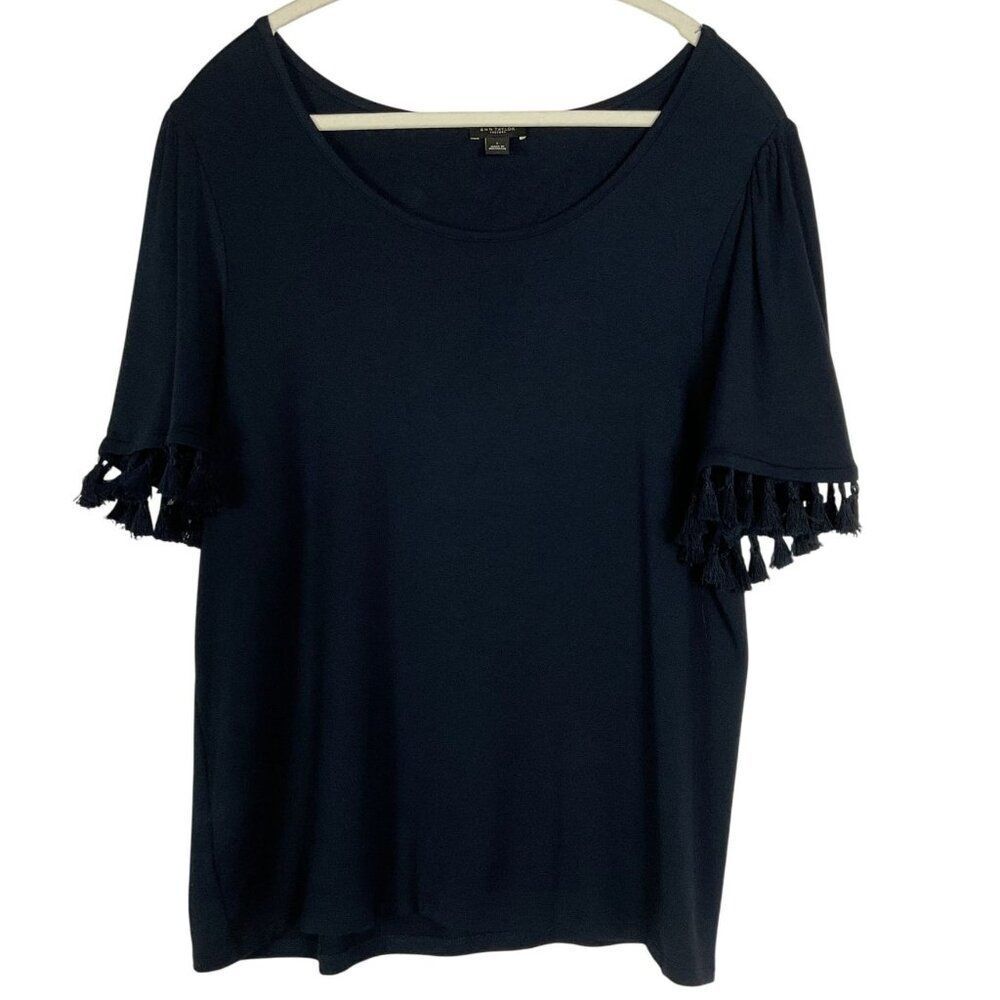Ann Taylor Factory navy blue top with tassel details on the sleeves, large